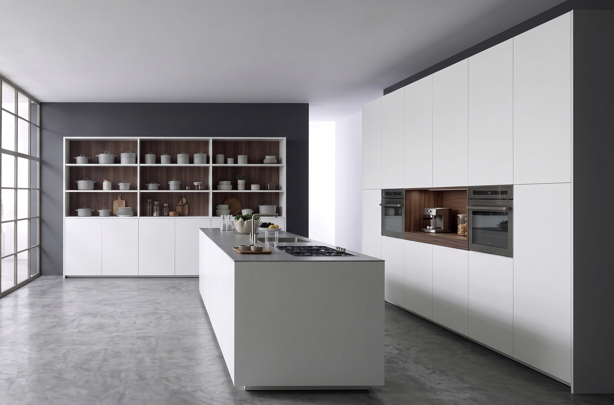 Achroma kitchen — handleless white units with grey worktop